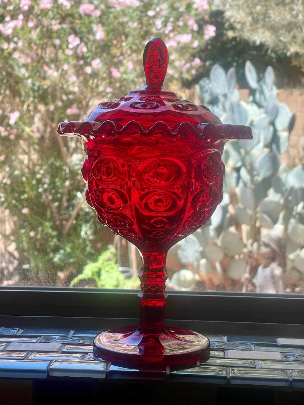 Vintage Red Pressed Glass Covered Compote - Home Art